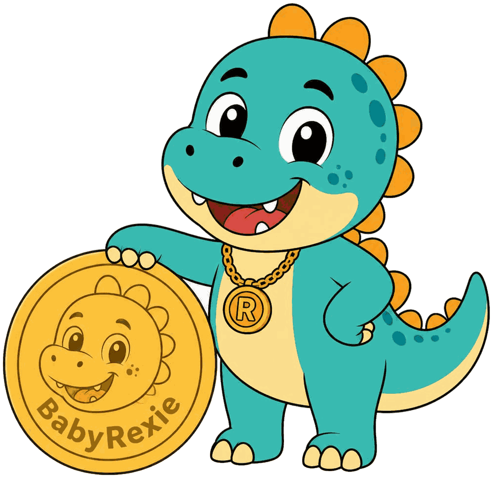 Baby Rexie holding a giant golden Baby Rexie coin